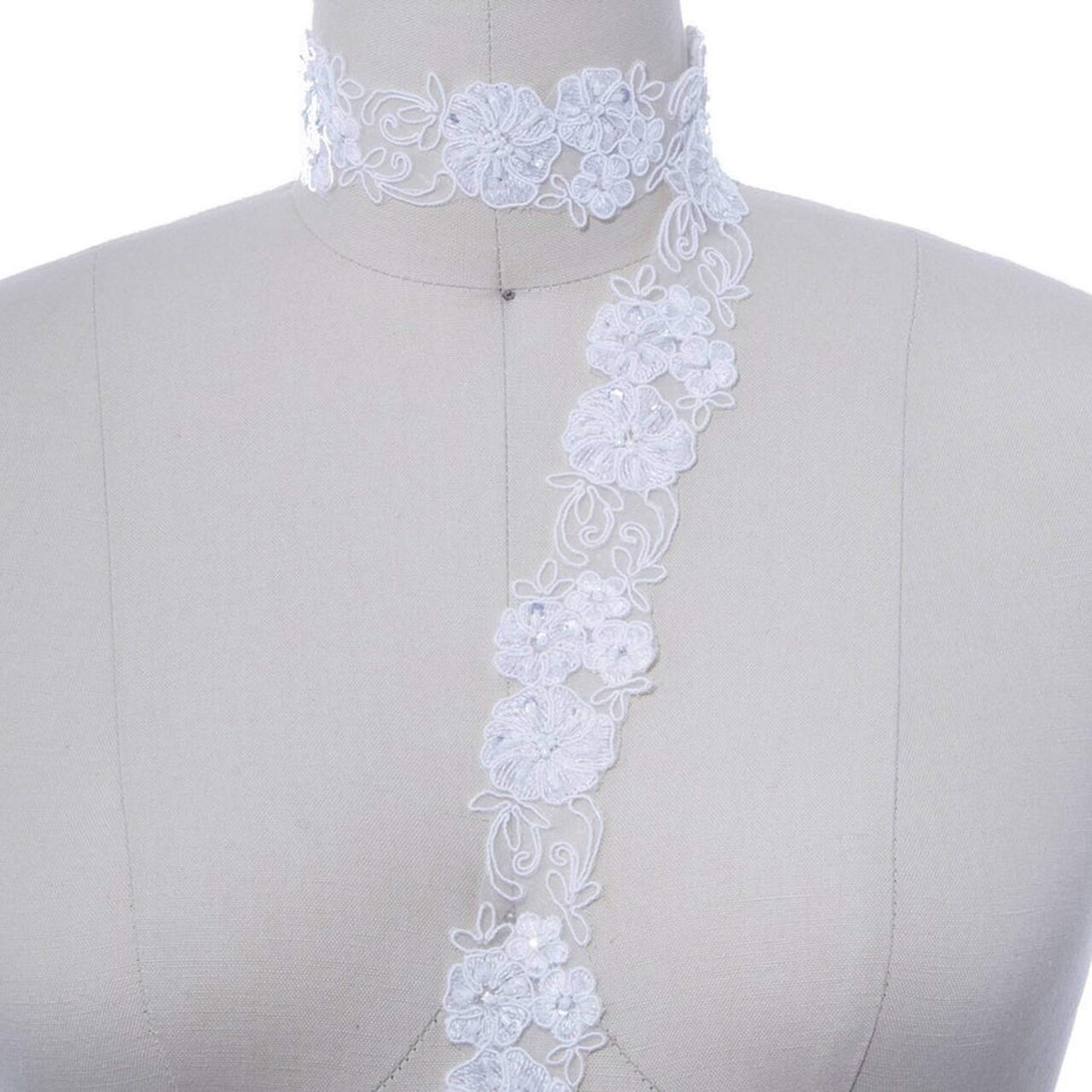 1 Yard Ivory Sequin Beaded Bridal Lace Trim 1.25 Inch Width Floral Veil Chiffon